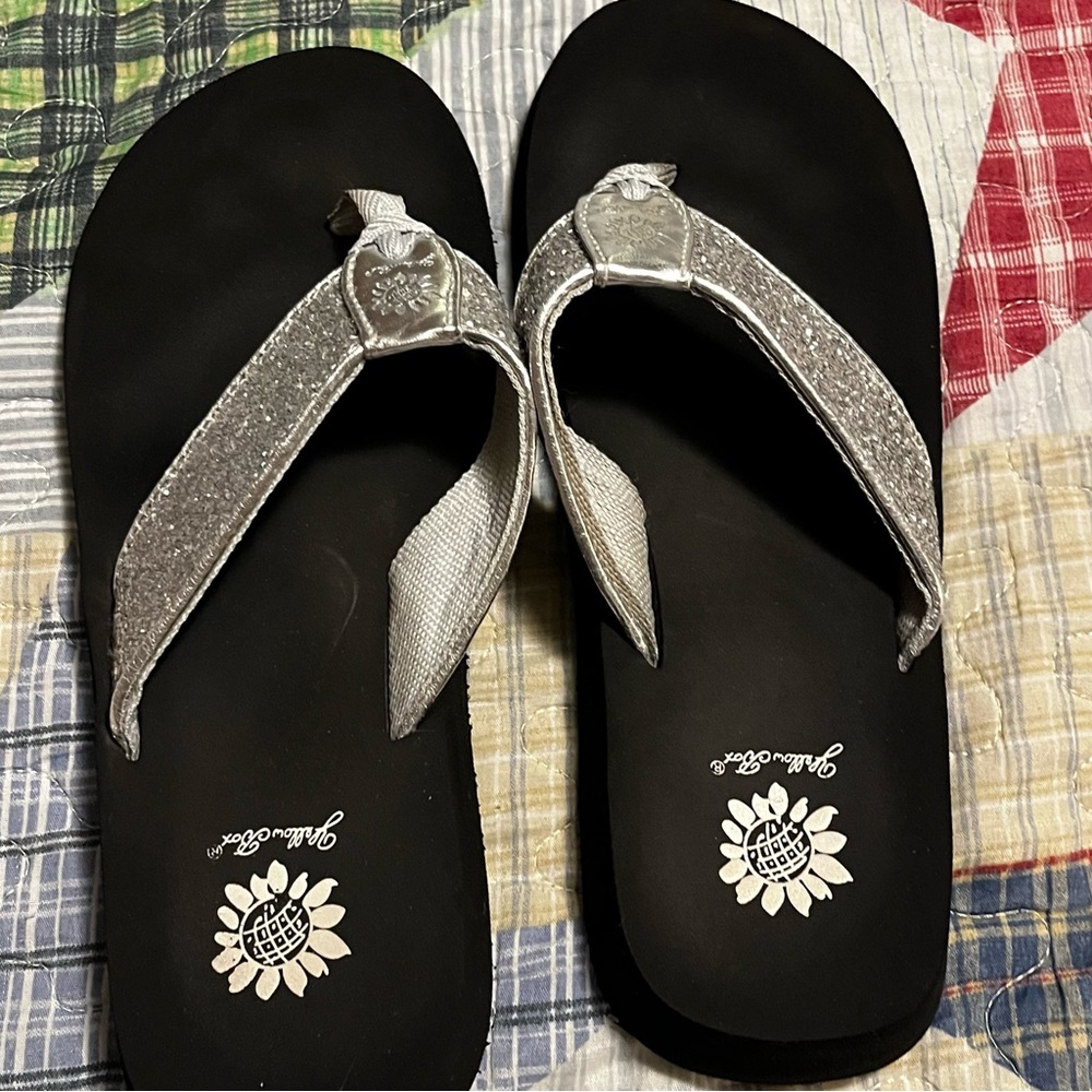 Yellow Box Black Flip Flops with Glitter and Silver Band